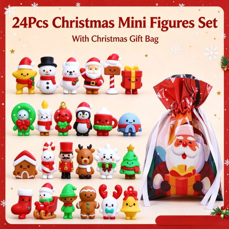 Kids Toys Xmas - ชุดฟิกเกอร์จิ๋วคริสต์มาสแบบสุ่ม 5-24 ชิ้น ซานต้า สโนว์แมน ถุงของขวัญคริสต์มาสแบบมีเชือกรูด