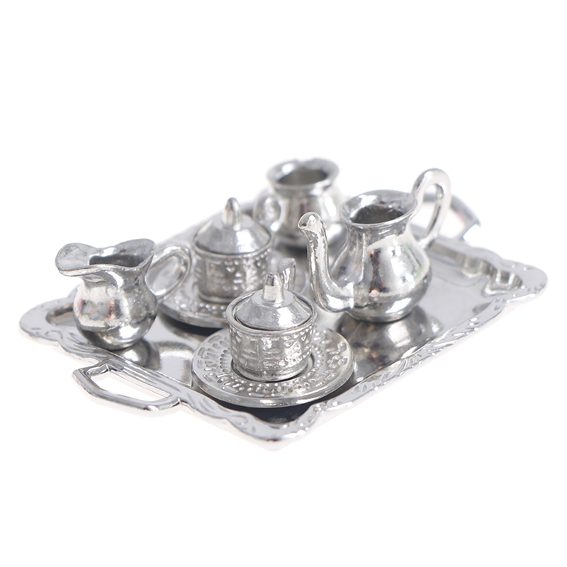 Kids Toys Kitchen Set - 10 ชิ้น/เซ็ต 1/12 Dollhouse Miniature โลหะเงินชากาแฟถาดชุดบนโต๊ะอาหารสําหรับตุ๊กตา