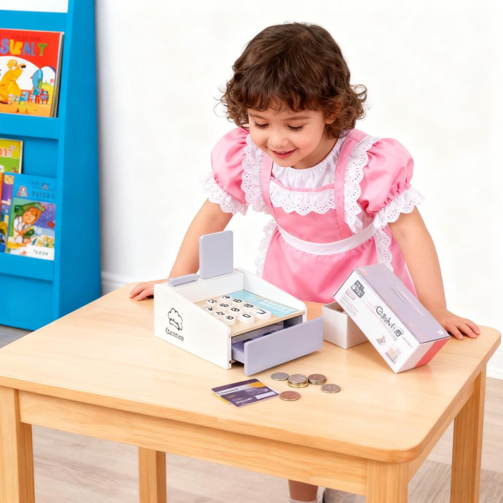 Toy Cash Register - ชุดของเล่นเครื่องคิดเงินไม้สำหรับเด็ก พร้อมเหรียญและเครื่องอ่านบัตร สำหรับการเรียนรู้และเล่นบทบาทสมมติ