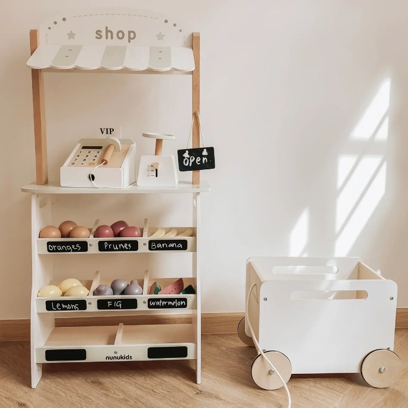 Toy Cash Register - ชุดของเล่นร้านขายของชำพร้อมชั้นวางผลไม้ไม้สไตล์ธรรมชาติ ชุดของเล่นอาหารพร้อมเครื่องคิดเงินของเล่น
