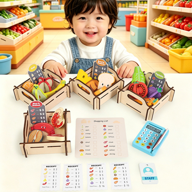 Toy Cash Register - ชุดของเล่นไม้จำลองซูเปอร์มาร์เก็ต, ของเล่นจำลองผลไม้และผักพร้อมเครื่องคิดเงินสำหรับเด็ก, ของขวัญเสริมพัฒนาการแบบมอนเตสซอรี่